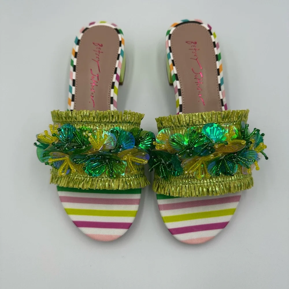 Betsey Johnson PEYTEN Beaded Butterfly Sandals 5.5M Striped Heels new in box